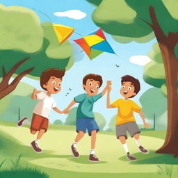 A lively and cheerful scene featuring three boys playing together in a park