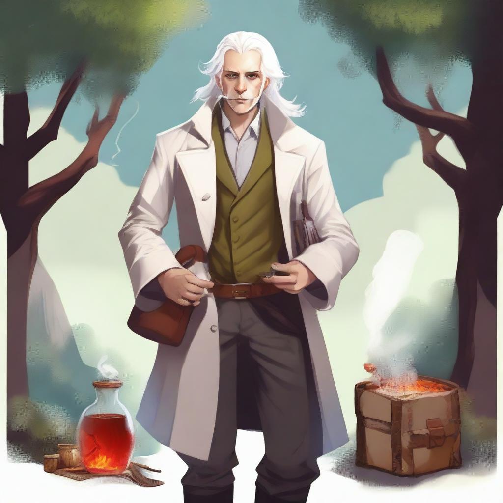 Fantasy art of a human male around 25 with white hair, smoking a cigar