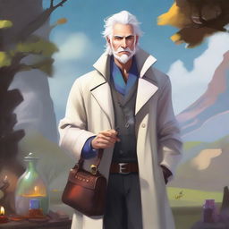 Fantasy art of a human male around 25 with white hair, smoking a cigar