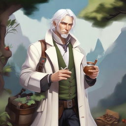 Fantasy art of a human male around 25 with white hair, smoking a cigar