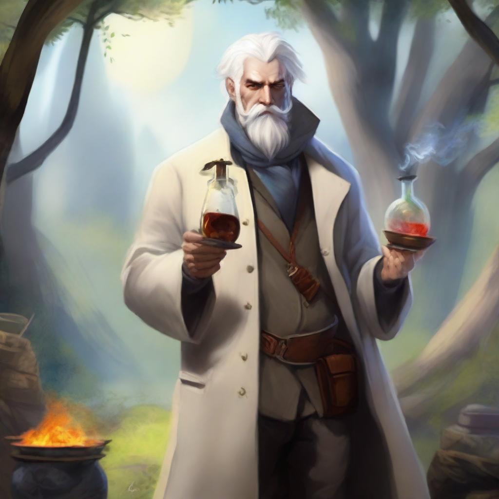 Fantasy art of a human male around 25 with white hair, smoking a cigar