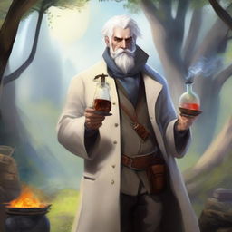 Fantasy art of a human male around 25 with white hair, smoking a cigar