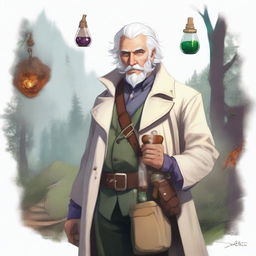 Fantasy art of a human male around 25 with white hair, smoking a cigar