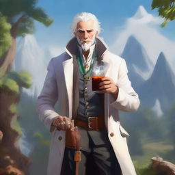 Fantasy art of a human male around 25 with white hair, smoking a cigar