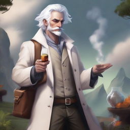 Fantasy art of a human male around 25 with white hair, smoking a cigar