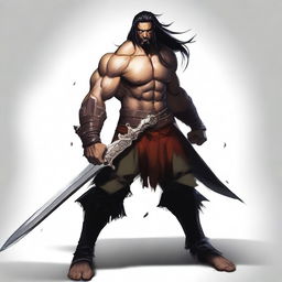 A tall and muscular human fighter named Draven Bloodblade, with scars across his face and body