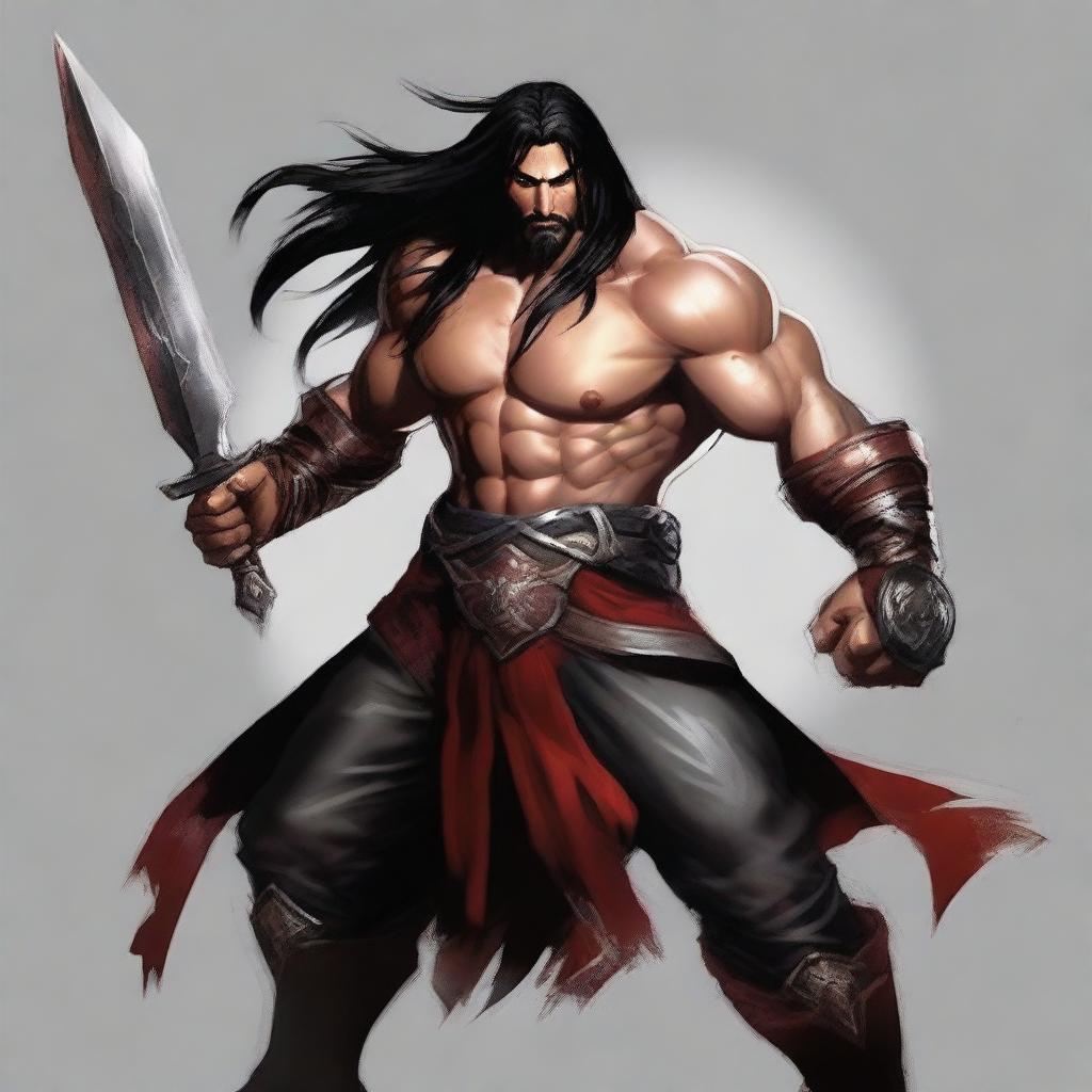 A tall and muscular human fighter named Draven Bloodblade, with scars across his face and body