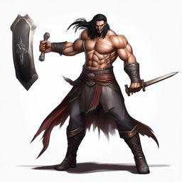 A tall and muscular human fighter named Draven Bloodblade, with scars across his face and body