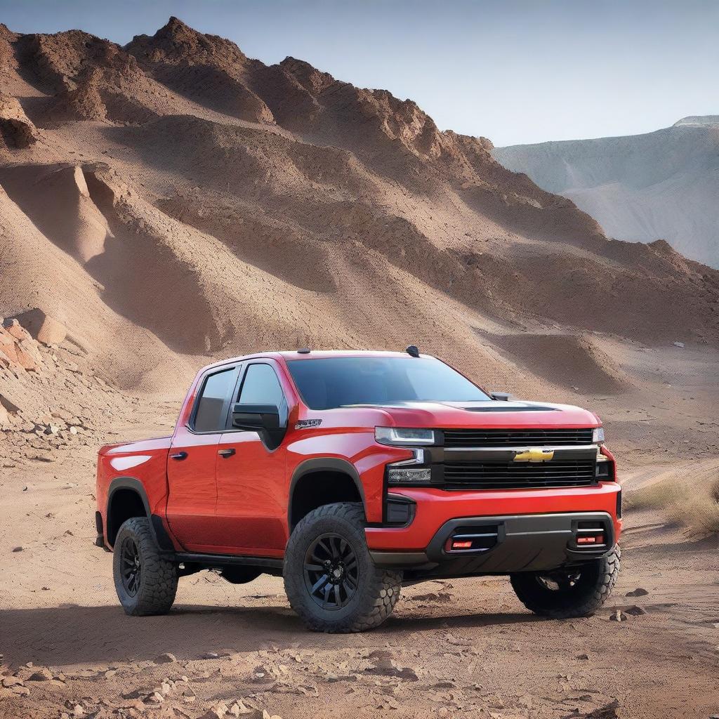 A 2020 red Chevrolet Silverado Trail Boss pickup truck with the Iraq flag displayed prominently on it