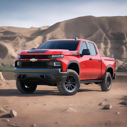 A 2020 red Chevrolet Silverado Trail Boss pickup truck with the Iraq flag displayed prominently on it