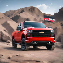 A 2020 red Chevrolet Silverado Trail Boss pickup truck with the Iraq flag displayed prominently on it