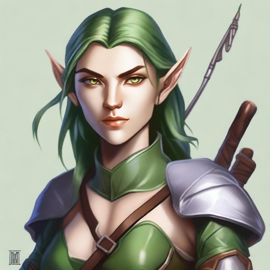 A detailed character portrait of Elandra Silentstep, a Level 5 Wood Elf Fighter