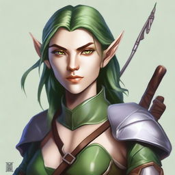 A detailed character portrait of Elandra Silentstep, a Level 5 Wood Elf Fighter