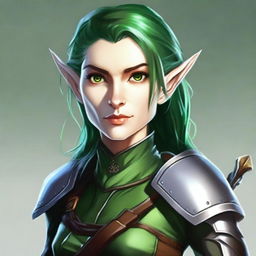 A detailed character portrait of Elandra Silentstep, a Level 5 Wood Elf Fighter