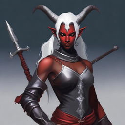 Create a detailed character illustration of Vashara Nightsworn, a Tiefling warrior at level 5