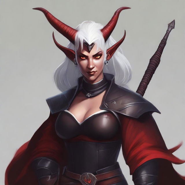 Create a detailed character illustration of Vashara Nightsworn, a Tiefling warrior at level 5