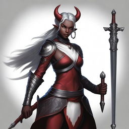 Create a detailed character illustration of Vashara Nightsworn, a Tiefling warrior at level 5