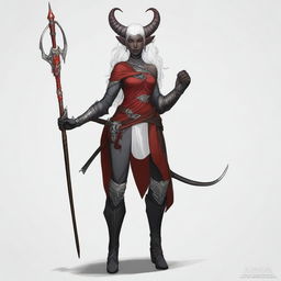 Create a detailed character illustration of Vashara Nightsworn, a Tiefling warrior at level 5