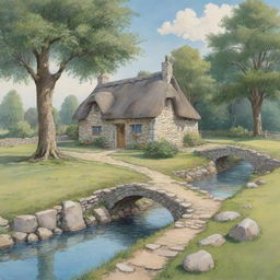 A cartoon of a countryside house surrounded by beautiful trees, near is a small stone bridge over a stream of crystal clear water, meadows with wooden seats, at the door of the house a young father is knocking.