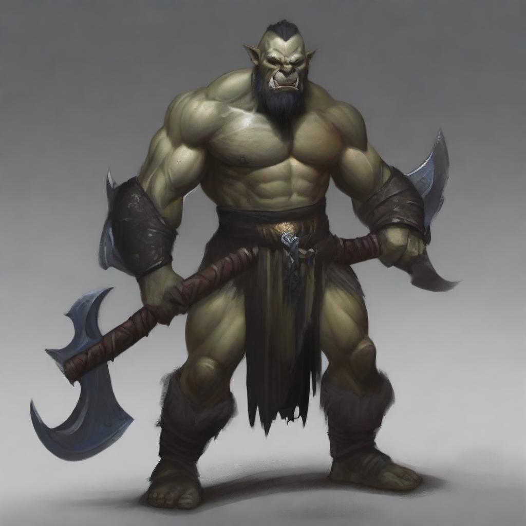 Create a detailed character illustration of Rakk Blackfang, a half-orc warrior at level 5