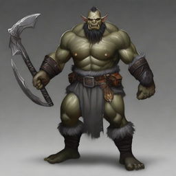 Create a detailed character illustration of Rakk Blackfang, a half-orc warrior at level 5