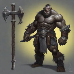 Create a detailed character illustration of Rakk Blackfang, a half-orc warrior at level 5