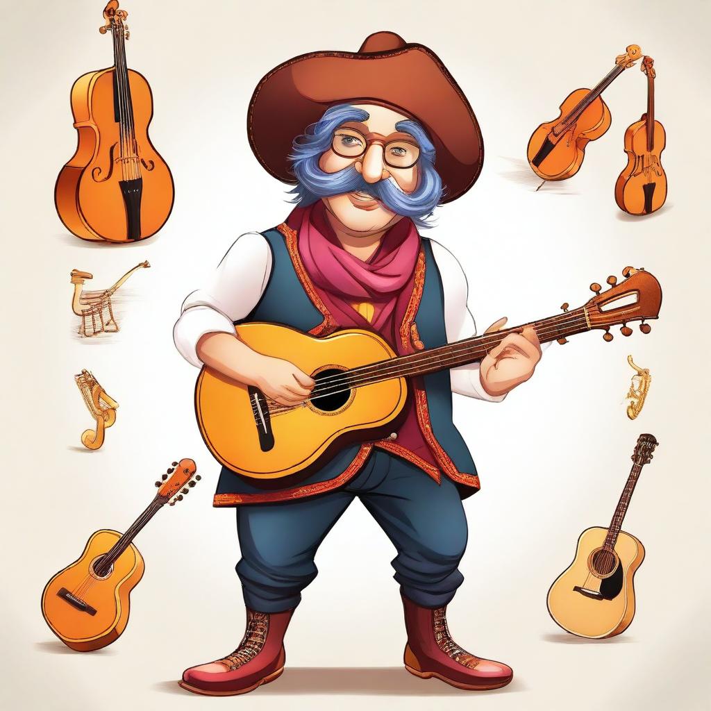 Create a detailed character illustration of a flamboyant and overly expressive bard who has now become a seller