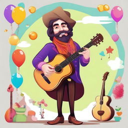 Create a detailed character illustration of a flamboyant and overly expressive bard who has now become a seller