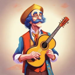 Create a detailed character illustration of a flamboyant and overly expressive bard who has now become a seller