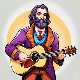 Create a detailed character illustration of a flamboyant and overly expressive bard who has now become a seller