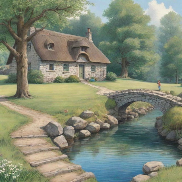 A cartoon of a countryside house surrounded by beautiful trees, near is a small stone bridge over a stream of crystal clear water, meadows with wooden seats, at the door of the house a young father is knocking.