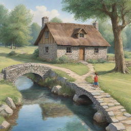 A cartoon of a countryside house surrounded by beautiful trees, near is a small stone bridge over a stream of crystal clear water, meadows with wooden seats, at the door of the house a young father is knocking.