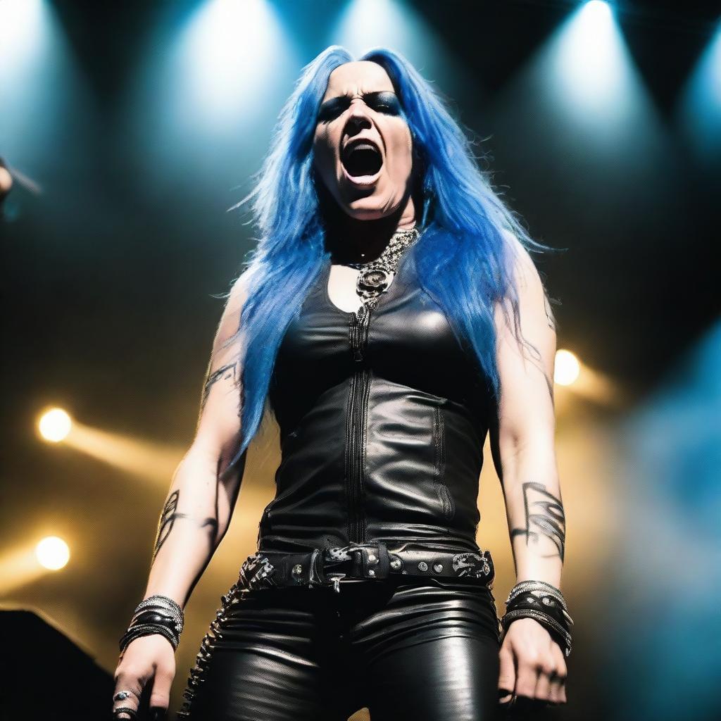 Alyssa White-Gluz, the lead vocalist of the metal band Arch Enemy, performing on stage with intense energy