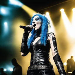 Alyssa White-Gluz, the lead vocalist of the metal band Arch Enemy, performing on stage with intense energy