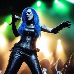 Alyssa White-Gluz, the lead vocalist of the metal band Arch Enemy, performing on stage with intense energy