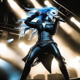 Alyssa White-Gluz, the lead vocalist of the metal band Arch Enemy, performing on stage with intense energy