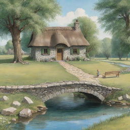 A cartoon of a countryside house surrounded by beautiful trees, near is a small stone bridge over a stream of crystal clear water, meadows with wooden seats, at the door of the house a young father is knocking.