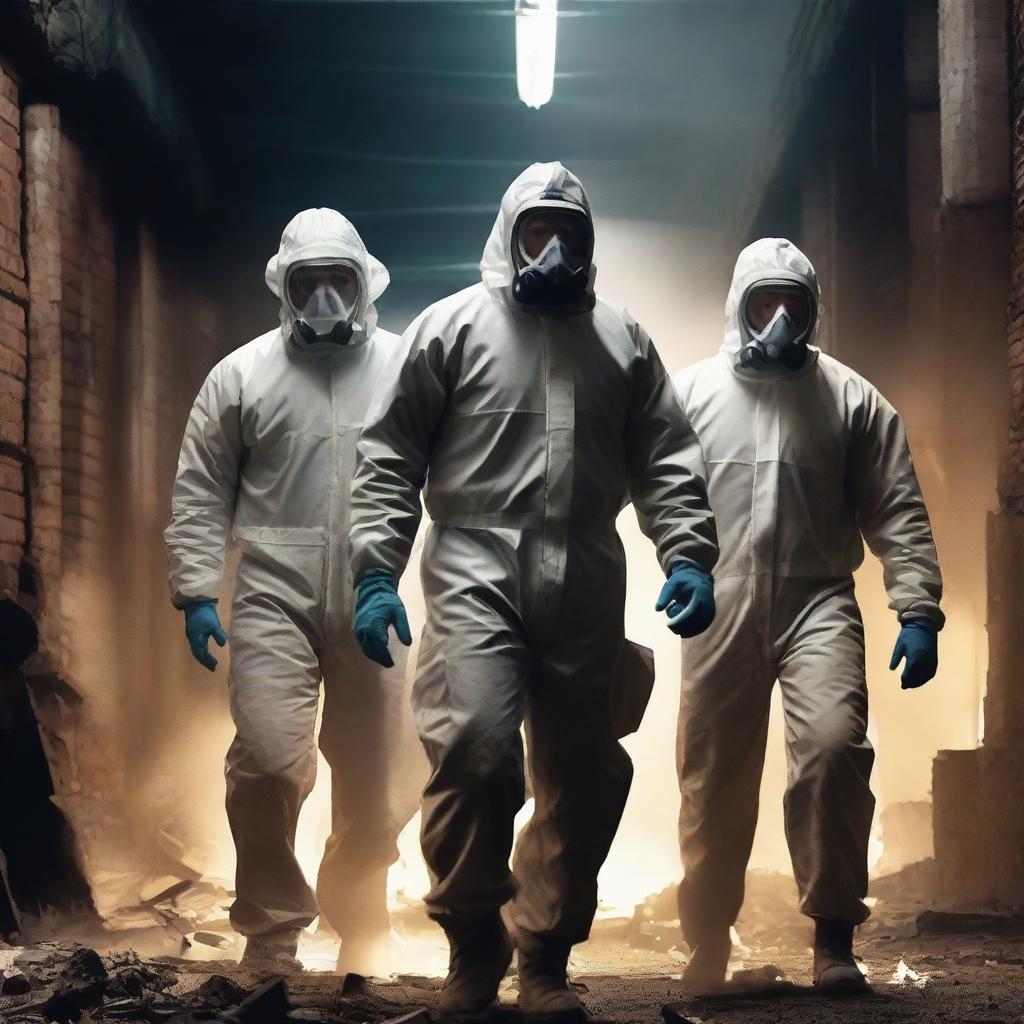 A thrilling action movie poster featuring a team of rugged asbestos removal specialists in protective gear, navigating a dark, abandoned building