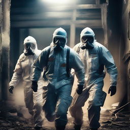 A thrilling action movie poster featuring a team of rugged asbestos removal specialists in protective gear, navigating a dark, abandoned building