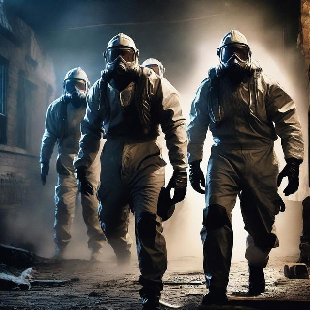 A thrilling action movie poster featuring a team of rugged asbestos removal specialists in protective gear, navigating a dark, abandoned building