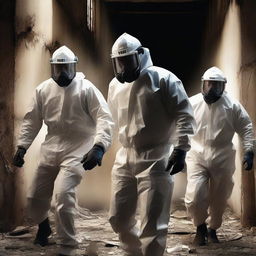 A thrilling action movie poster featuring a team of rugged asbestos removal specialists in protective gear, navigating a dark, abandoned building