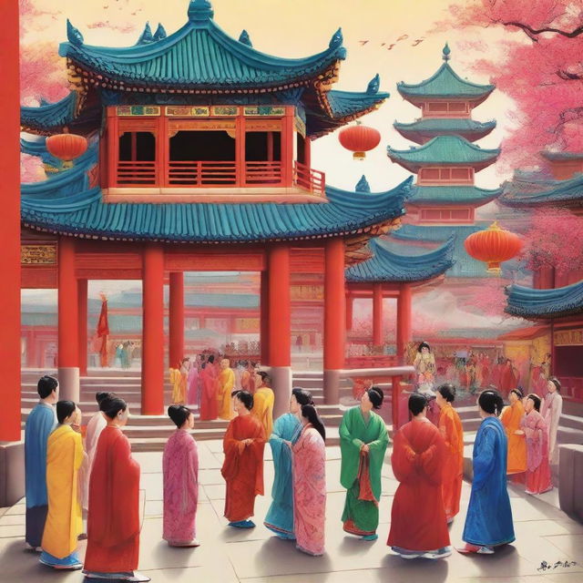 A vibrant depiction of Chinese culture, featuring traditional elements such as ancient temples, dragon dances, and people in traditional attire