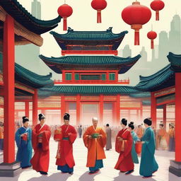 A vibrant depiction of Chinese culture, featuring traditional elements such as ancient temples, dragon dances, and people in traditional attire