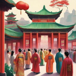 A vibrant depiction of Chinese culture, featuring traditional elements such as ancient temples, dragon dances, and people in traditional attire