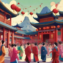 A vibrant depiction of Chinese culture, featuring traditional elements such as ancient temples, dragon dances, and people in traditional attire