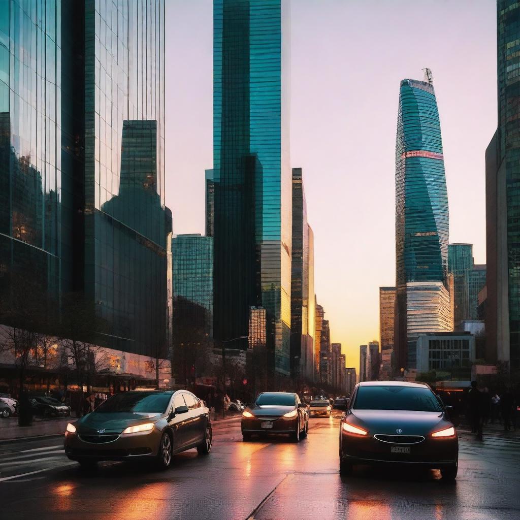 A sleek, modern cityscape at dusk with tall, glass skyscrapers reflecting the setting sun