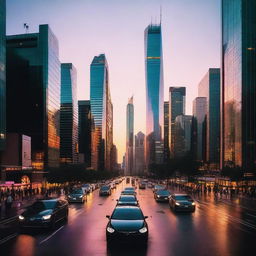 A sleek, modern cityscape at dusk with tall, glass skyscrapers reflecting the setting sun