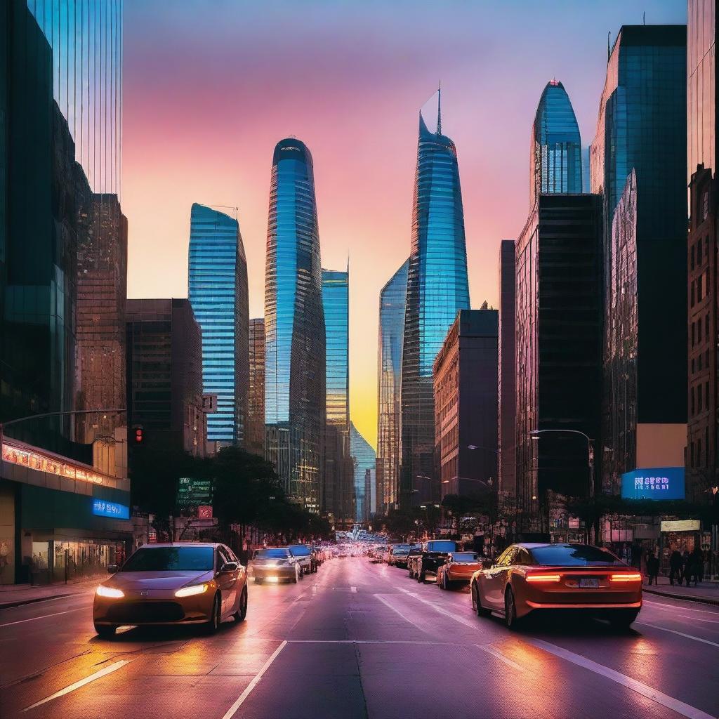 A sleek, modern cityscape at dusk with tall, glass skyscrapers reflecting the setting sun