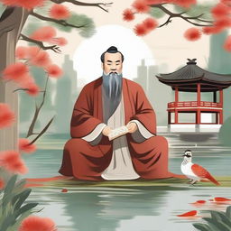 A detailed illustration of Confucius, the ancient Chinese philosopher, in a serene garden setting