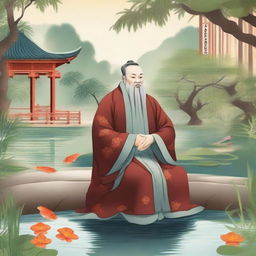 A detailed illustration of Confucius, the ancient Chinese philosopher, in a serene garden setting